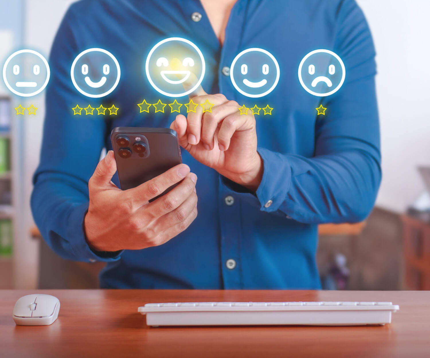Customer Service Feedback. User rating a satisfactory customer service survey on mobile device in modern office. Concept of customer satisfaction and service quality evaluation